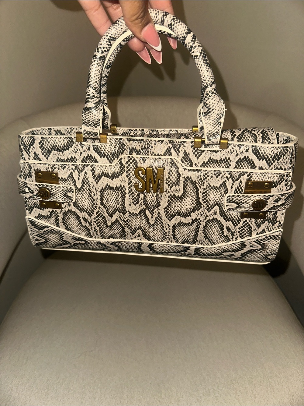 Steve Madden Black & White Snake-Print Satchel